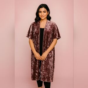 Coatigan Glam Party Office Crushed Blush Pink Velvet Kimono Robe Cardigan Sz XL